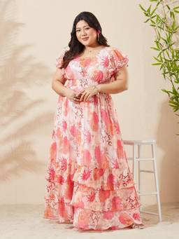 Miss Chase - A+ Curve Collection Plus Size Women Peach Maxi Chiffon Dress
