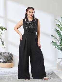 Miss Chase - A+ Curve Collection Plus Size Women Black Halter Neck Wide Leg Jumpsuit