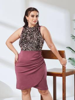 Miss Chase - A+ Curve Collection Plus Size Women Mauve Halter Neck Dress