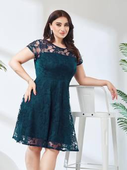 Miss Chase - A+ Curve Collection Plus Size Women Teal Skater Mini Dress