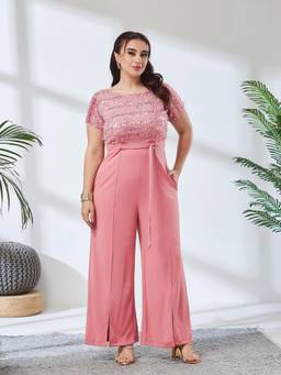 Miss Chase - A+ Curve Collection Plus Size Women Pink Embellished Regular Jumpsuit