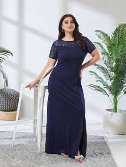 Miss Chase - A+ Curve Collection Plus Size Women Navy Blue Bodycon Maxi Dress