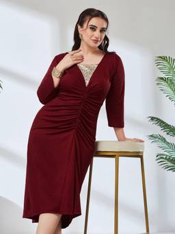 Miss Chase - A+ Curve Collection Plus Size Women Maroon Embellished Midi Dress