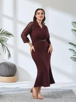 Miss Chase - A+ Curve Collection Plus Size Women Maroon Bodycon Midi Dress