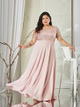 Miss Chase - A+ Curve Collection Plus Size Women Pink Embellished Maxi Satin Dress
