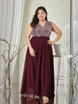 Miss Chase - A+ Curve Collection Plus Size Women Maroon Embellish Wrap-Styled Maxi Dress