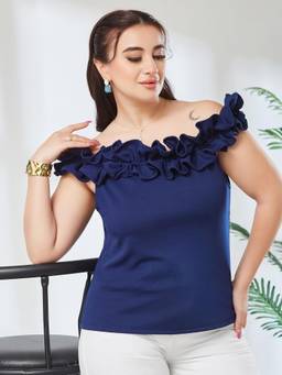 Miss Chase - A+ Curve Collection Plus Size Women Navy Blue Off Shoulder Top