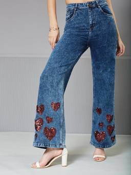 Miss Chase - Women Mid Blue Wide Leg High Rise Clean Look Regular Stretchable Denim Jeans