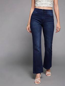 Miss Chase - Women Navy Blue Flared Leg Mid Rise Regular Denim Jeans