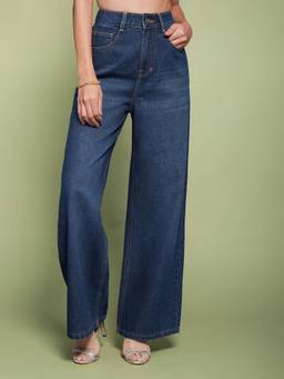 Miss Chase - Women Navy Blue Wide-Leg High-Rise Clean-Look Regular-Length Denim Jeans