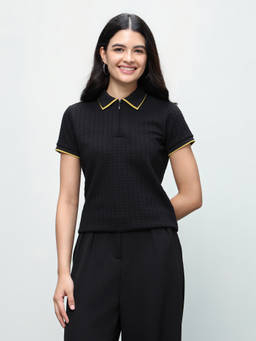 U.S. POLO ASSN. - Women Black Textured Regular Fit Zipper Polo T-Shirt