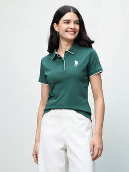 U.S. POLO ASSN. - Women Green Solid Regular Fit Polo Shirt