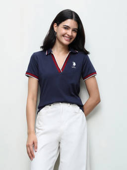 U.S. POLO ASSN. - Women Navy Blue Solid Regular Fit Polo T-Shirt