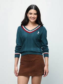 U.S. POLO ASSN. - Women Green Cable Patterned Knit Regular Fit Sweater