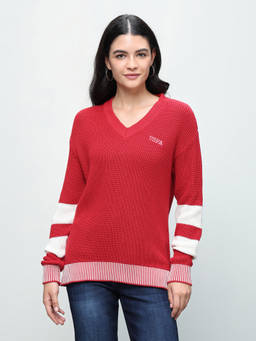 U.S. POLO ASSN. - Women Red Patterned Knit Regular Fit Sweater