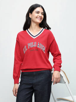 U.S. POLO ASSN. - Women Red Brand Embroidered Regular Fit Sweater