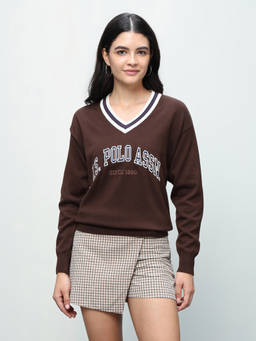 U.S. POLO ASSN. - Women Brown Brand Embroidered Regular Fit Sweater