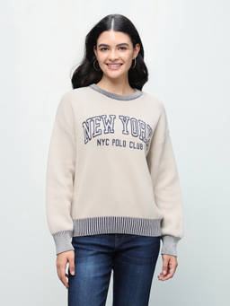 U.S. POLO ASSN. - Women Cream Patterned Knit Oversized Fit Sweater