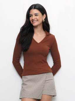 U.S. POLO ASSN. - Women Brown Solid Regular Fit Polo T-shirt