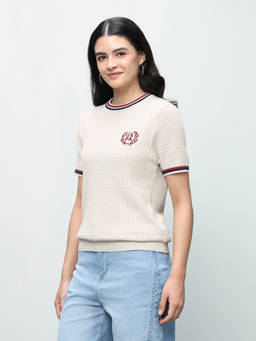 U.S. POLO ASSN. - Women Beige Cable Knit Boxy Fit T-shirt