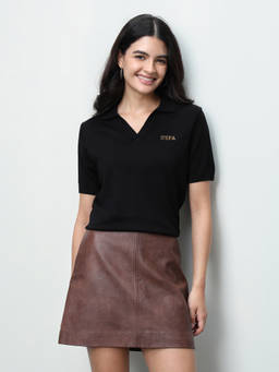 U.S. POLO ASSN. - Women Black Solid Relaxed Fit Polo T-shirt
