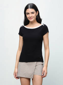 U.S. POLO ASSN. - Women Black Fitted Boat Neck T-Shirt