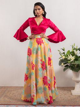 Gajra Gang - Tulip Garden Fuchsia Ruffle Sleeve Shirt & Printed Skirt(Set of 2)