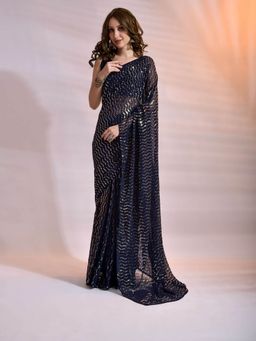 Odette - Dark Blue Georgette Saree with Unstitched Blouse