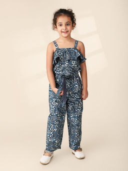 Fabindia - Navy Blue Cotton Printed Straight Jumpsuit with Belt (Set of 2)