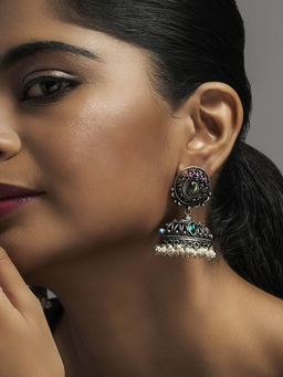 Divas Mantra - Bask in friendships Peacock Motif Jhumkas with Turquoise, Green & Red Spinel Stone