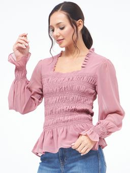Kibo - Georgette Dusty Pink Square Neck Smoked Top