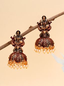Karatcart - Antique Gold Plated Maroon Mata Laxmi Jhumki Earrings for Women