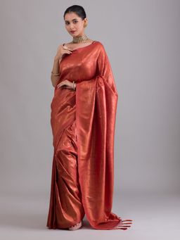 Koskii - Rust Zariwork Art Silk Saree With Unstitched Blouse