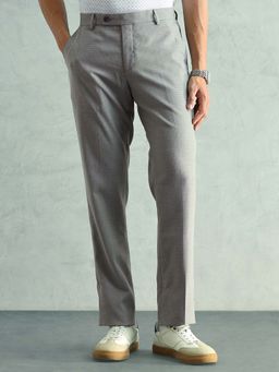 Arrow - Grey Textured Mid Waist Casual Trouser