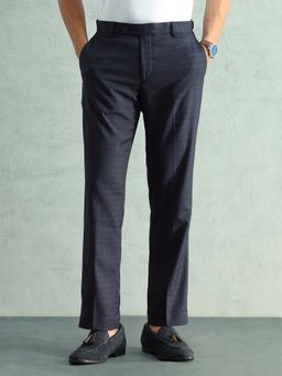 Arrow - Blue Textured Mid Waist Casual Trouser