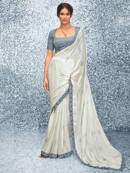 Akhilam - Womens Satin Grey Embellished Designer Saree with Unstitched Blouse