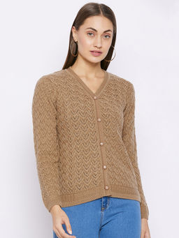 Madame - Woven V Neck Casual Women Brown Sweater