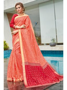Sangam Prints - Peach Cotton Woven Work Traditional Saree with Unstitched Blouse