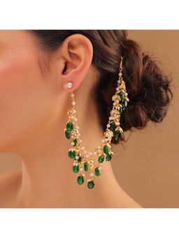 Voylla - Pearl Elegance Emerald Green Drop Ethnic Earrings Chain