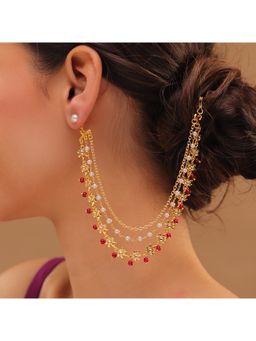 Voylla - Pearl Elegance Royal Pink Floral Drop Ethnic Earrings Chain