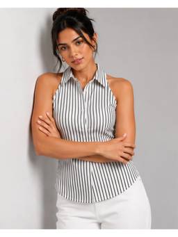 Twenty Dresses by Nykaa Fashion - Black & White Striped Polyester Sleeveless Top with V-Neck