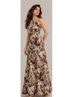 Twenty Dresses by Nykaa Fashion - Rust Botanical Print Polyester Halter Neck Maxi Dress - Premium