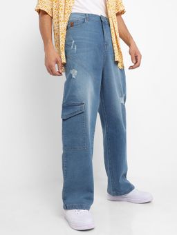 Campus Sutra - Men's Light Blue Asymmetrical Stitch Denim Jeans