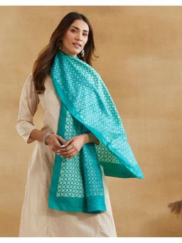 Fabindia - Teal Cotton Silk Symphony Hand Block Printed Stole
