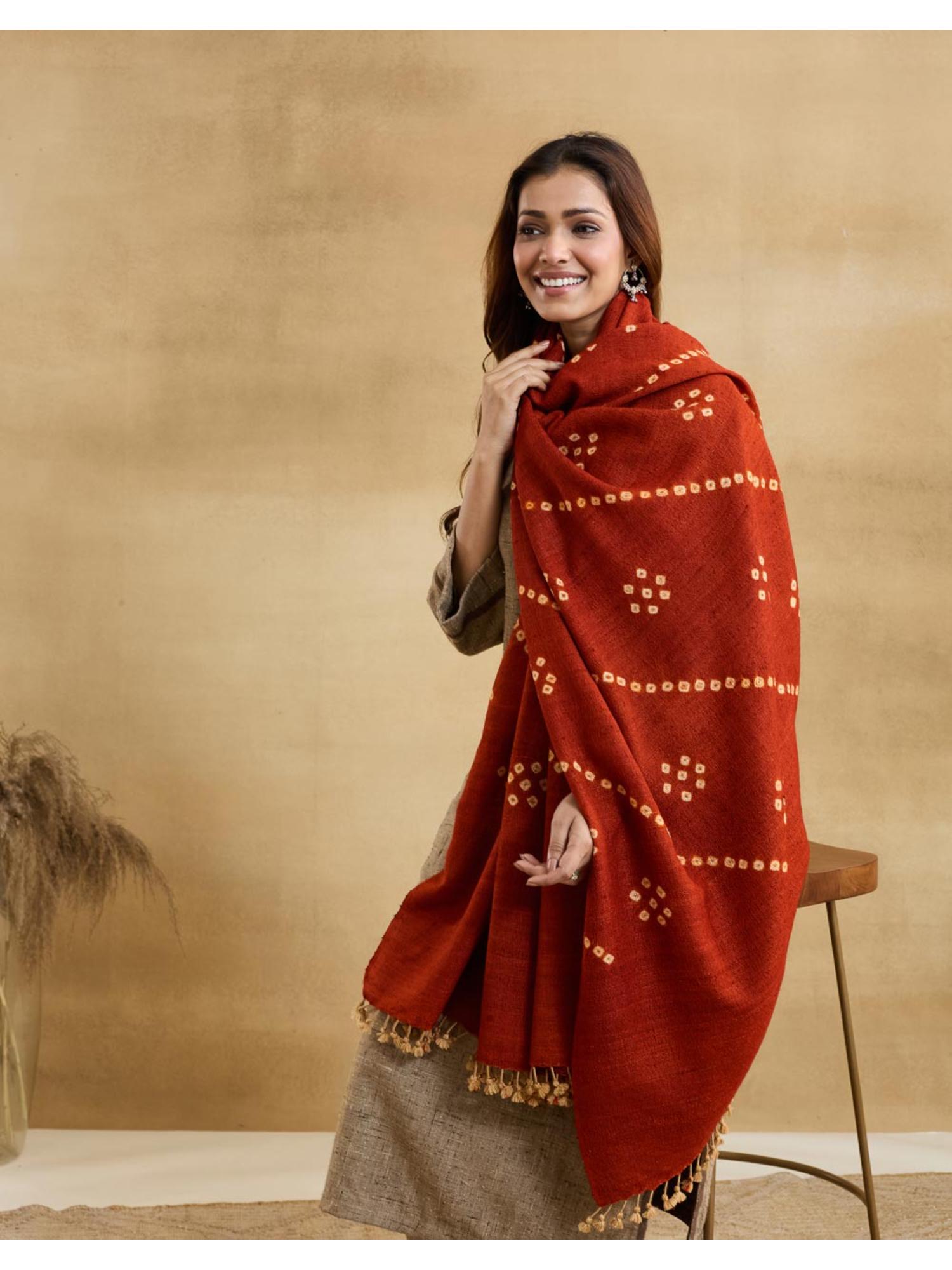 Rust Wool Blend Bandhani Shawl