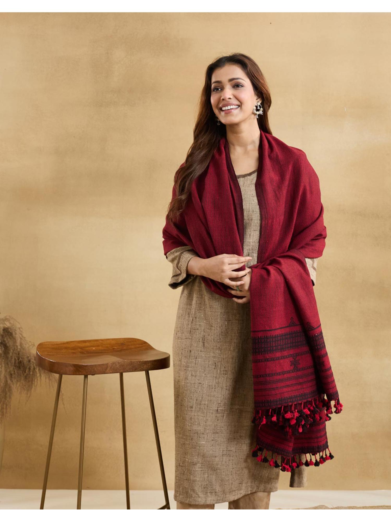 fabindia Maroon Wool Woven Shawl-picture-30