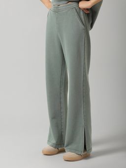 NeceSera - Women Green Cotton Wash Side Slit Track Pant
