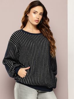 DILLINGER - Women Navy Blue Long Sleeve Oversized Striped Sweatshirt