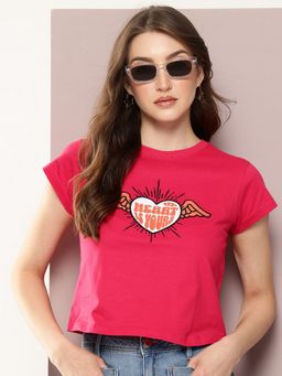 DILLINGER - Women Regular Cropped Embroidery Pink T-Shirt