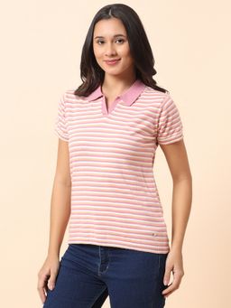 Cantabil - Women Stripes Pink Polo T-Shirt
